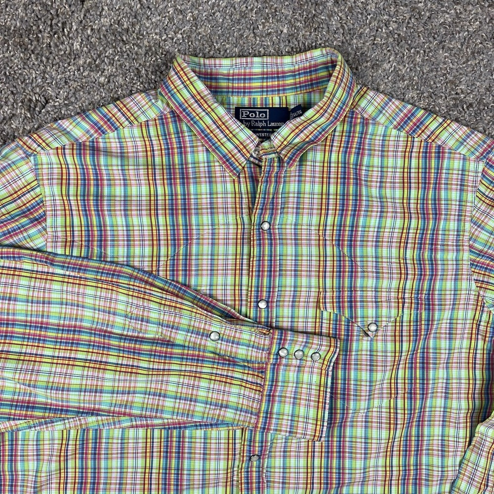 Polo Ralph Lauren Western Shirt Men XL Pearl Snap Pastel Madras Plaid Oxford
